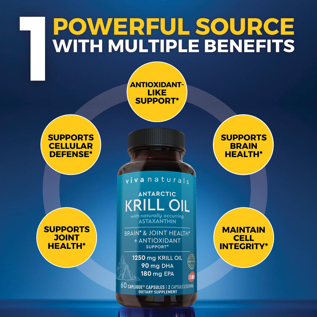 Viva Naturals Antarctic Krill Oil Omega 3 Supplements 1250 mg - DHA EPA Omega-3 & Astaxanthin Concentration for Joint Health,
