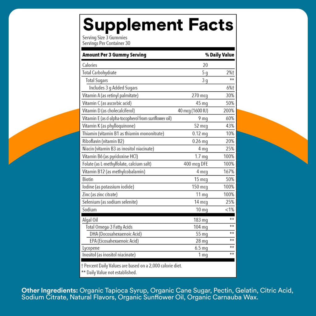 SmartyPants Men's Multivitamin Gummies with Omega 3 DHA/EPA, Methylfolate, Vitamin D3, C, B12, B6, A, K, Zinc