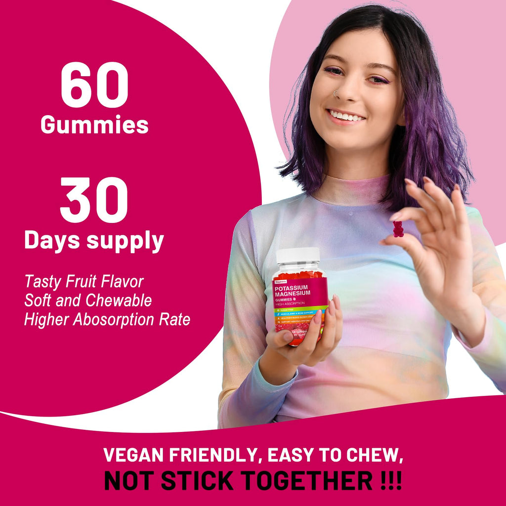 Potassium Magnesium Gummies - High Absorption Magnesium Glycinate & Potassium Citrate Plus Coenzyme Q10, DHA, D3, Mineral & Calcium for Zzz, Leg Cramps & Muscle - 60 Raspberry Gummies Vegavero Au supplements