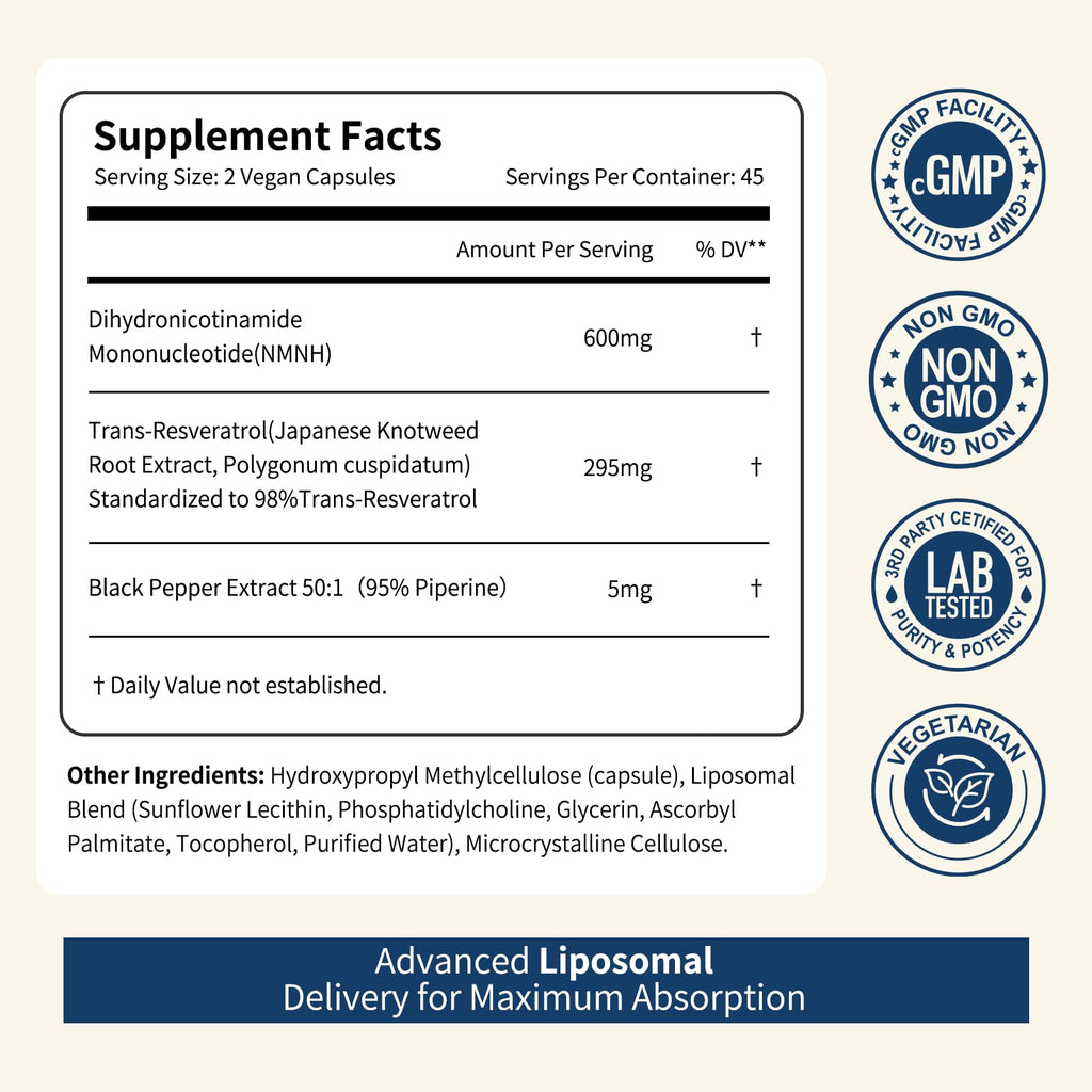 NUISM NMNH NAD+ Supplement, Liposomal 600mg NMN NAD+ and Resveratrol Complex for Cellular Energy, Healthy Aging & Metabolic Support, 90 Capsules NUISM Au supplements