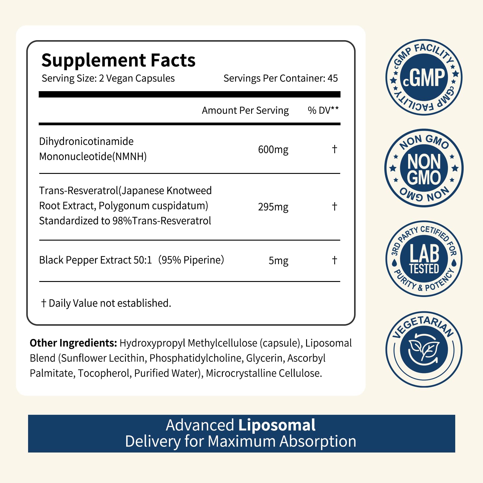 NUISM NMNH NAD+ Supplement, Liposomal 600mg NMN NAD+ and Resveratrol Complex for Cellular Energy, Healthy Aging & Metabolic Support, 90 Capsules NUISM Au supplements
