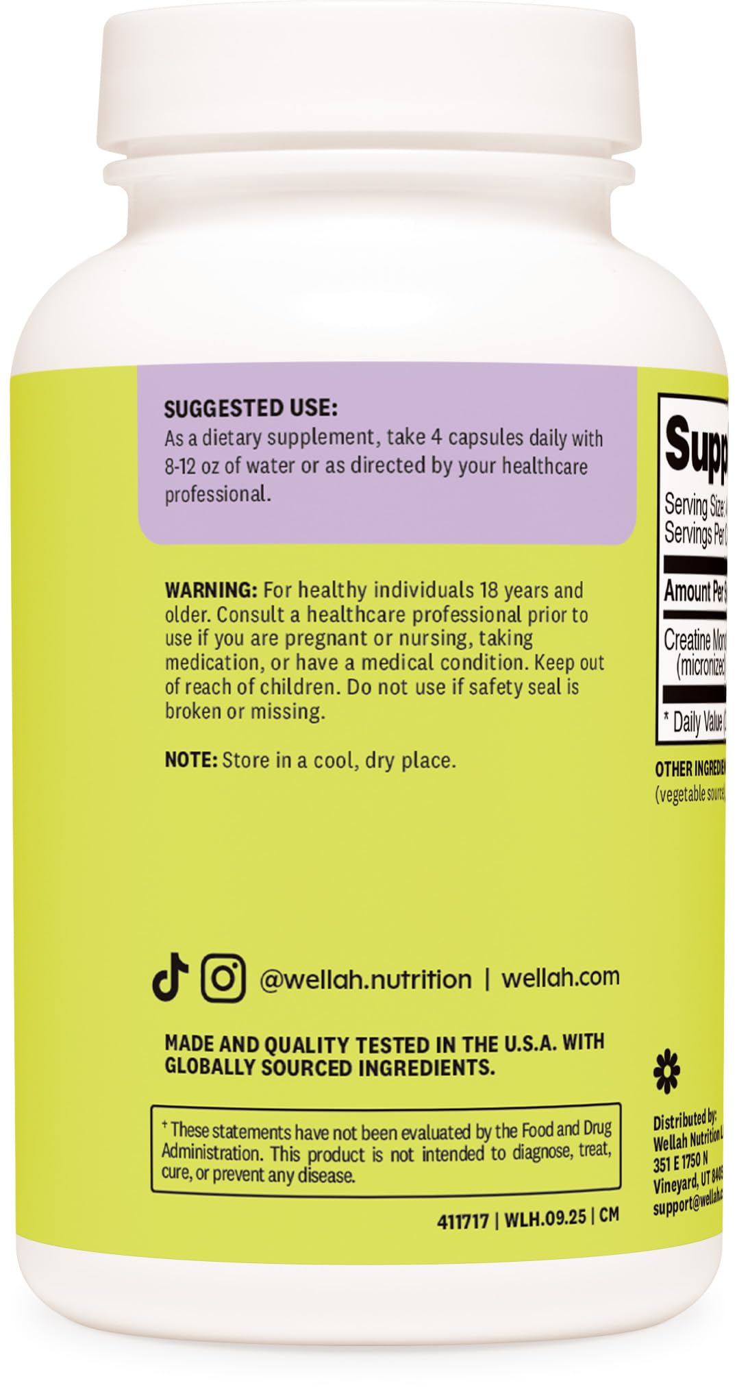 Wellah Creatine Monohydrate Capsules (3000 mg) 120 Capsules - Micronized Creatine, 30 Servings
