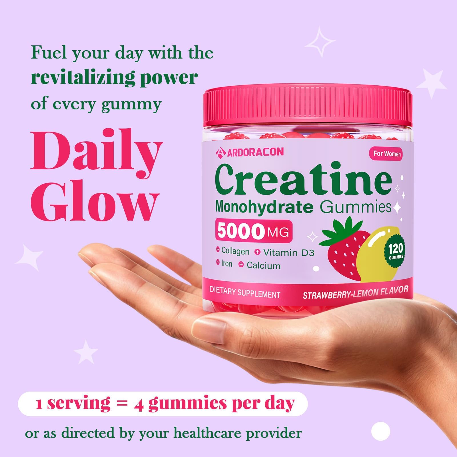Creatine for Women, Creatine Monohydrate Gummies with Collagen, Vitamin D3 & Calcium for Muscles, Booty & Energy, Flavored Sugar Free Creatine Gummies Post