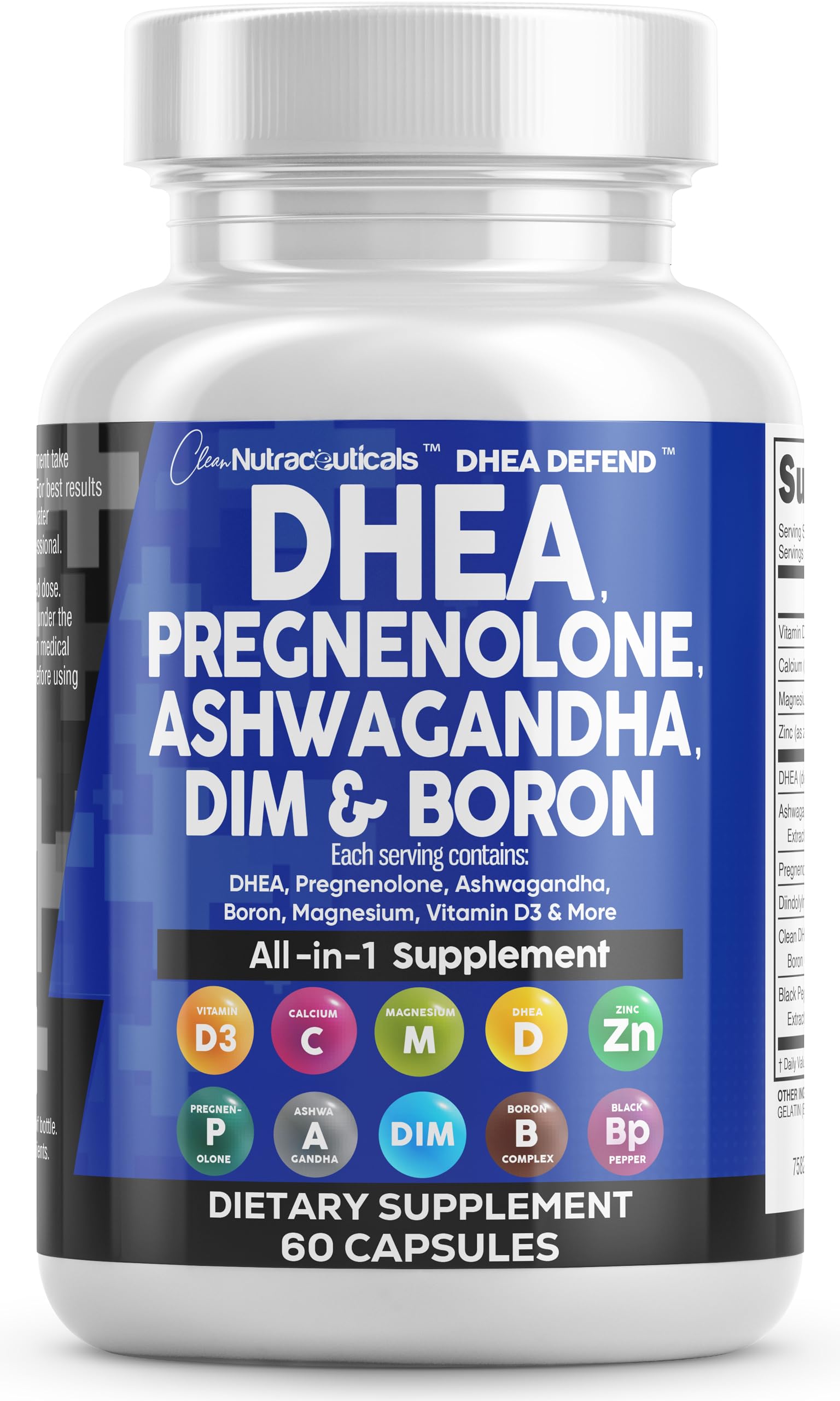DHEA 200mg Supplement Pregnenolone 100mg for Men & Women with DIM Ashwagandha Boron 6mg Complex Calcium Magnesium Zinc 50mg Vitamin D3 5000 iu Hormone Support Capsules Pills - Made in USA 60 Ct Clean Nutraceuticals Au supplements