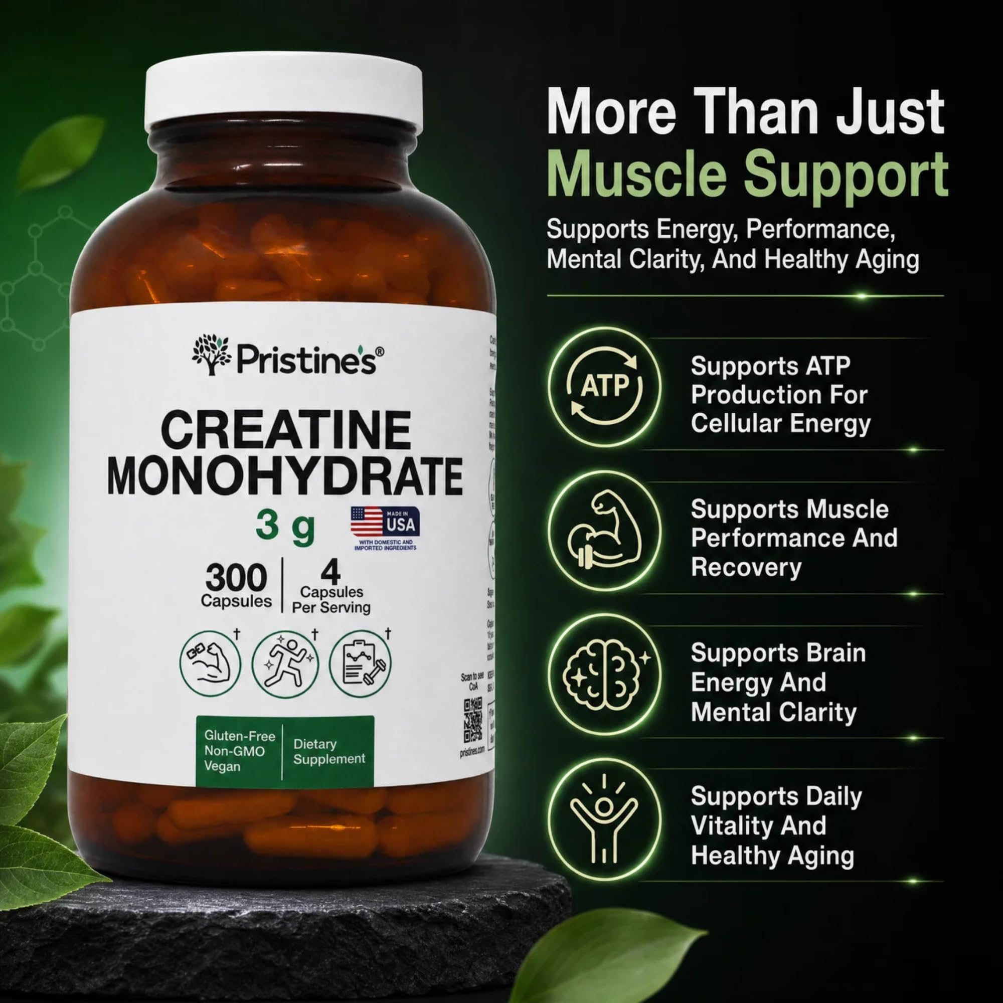 PRISTINE'S Creatine Monohydrate Capsules for Women & Men - NSF Certified 75 Day Supply 3G Creatine Pills for Women - Cognitive & Athletic Performance Support
