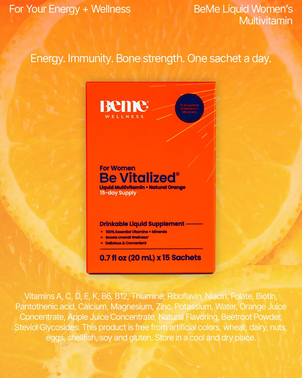 BeMe Liquid Multivitamins for Women - Advanced Liquid Delivery System with 13 Vitamins & Minerals - Tear & Go Sachets, Non-GMO, Orange Flavor (15 Sachets) BeMe Au supplements