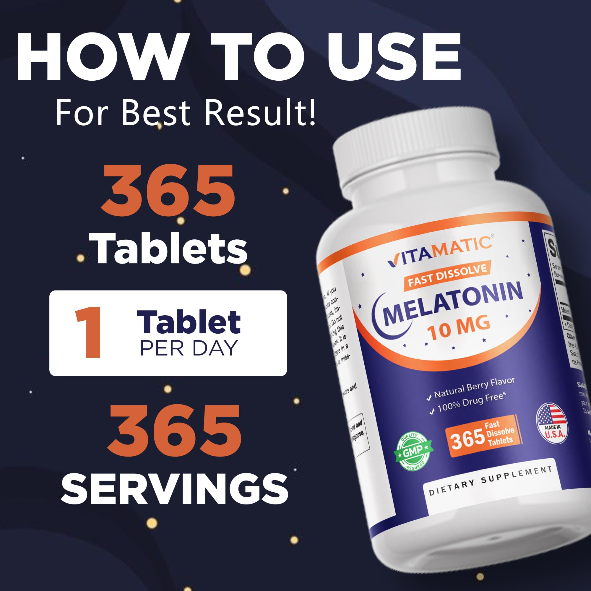 Vitamatic Melatonin 10 mg Fast Dissolve Tablets – Quick-Dissolving Sleep Support Supplement for Adults – Vegetarian, Non-GMO & Gluten-Free