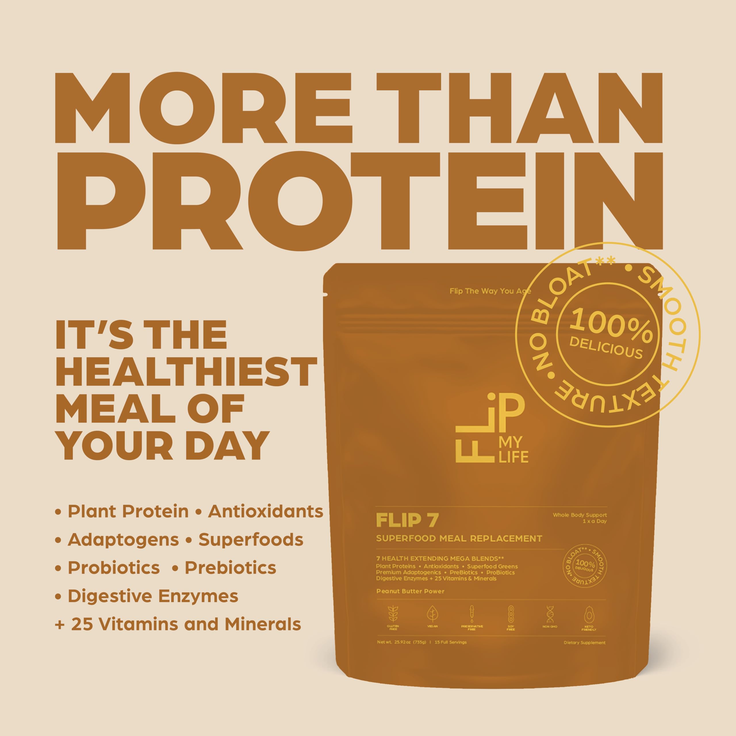 Flip My Life, Flip 7 Natural SuperFood, Plant-Based Protein, Complete Meal Replacement to Support Healthy Gut, 7 Mega Nutrient Rich Blends all in one to AGE BETTER - Peanut Butter