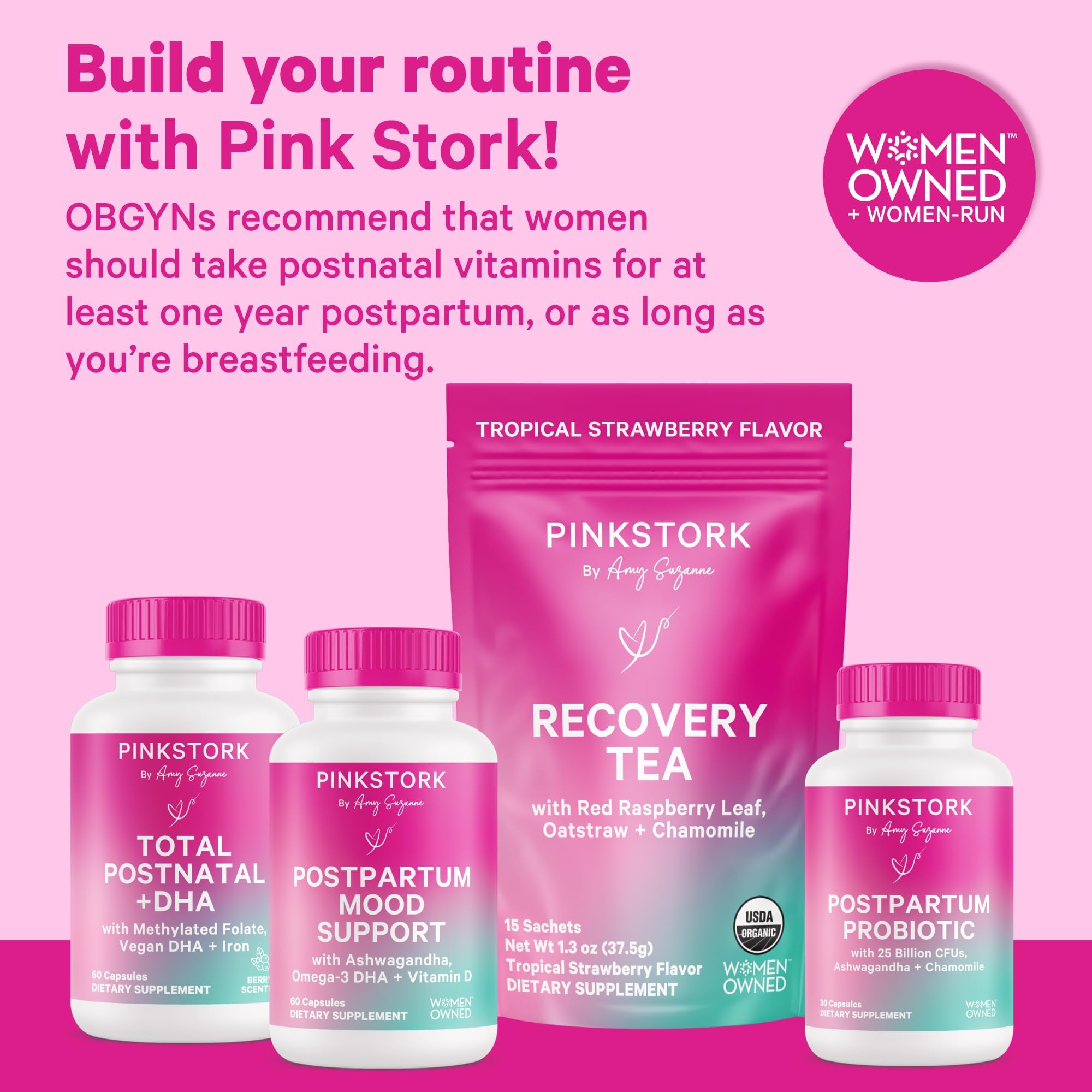 Pink Stork Total Postnatal Vitamins for Women | Vegan DHA, Iron, Folate, B12 | Postpartum Recovery Essentials | Lactation Support for Breastfeeding Moms