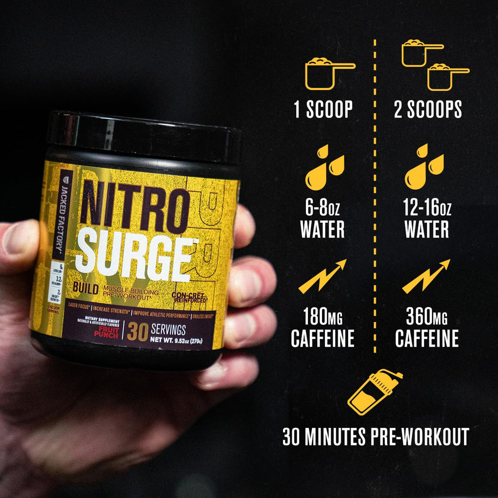 Jacked Factory Nitrosurge Build Pre Workout with Creatine for Muscle Building - Con Cret Creatine Powder & elevATP for Intense Energy, Powerful Pump