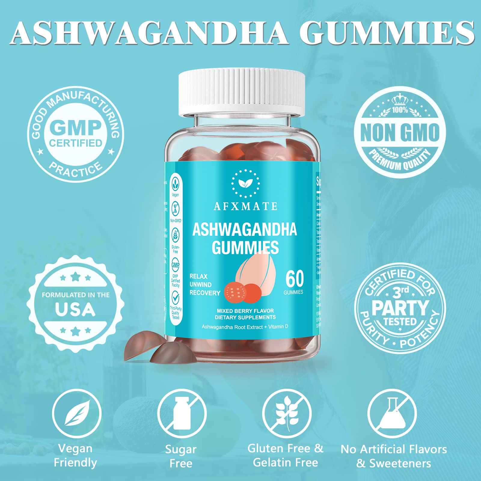 AFXMATE Ashwagandha Gummies & Vitamin D Gummies for Men & Women 120 Count Aswangdha Supplement (Non-GMO, Sugar Free & Gluten Free) AFXMATE Au supplements