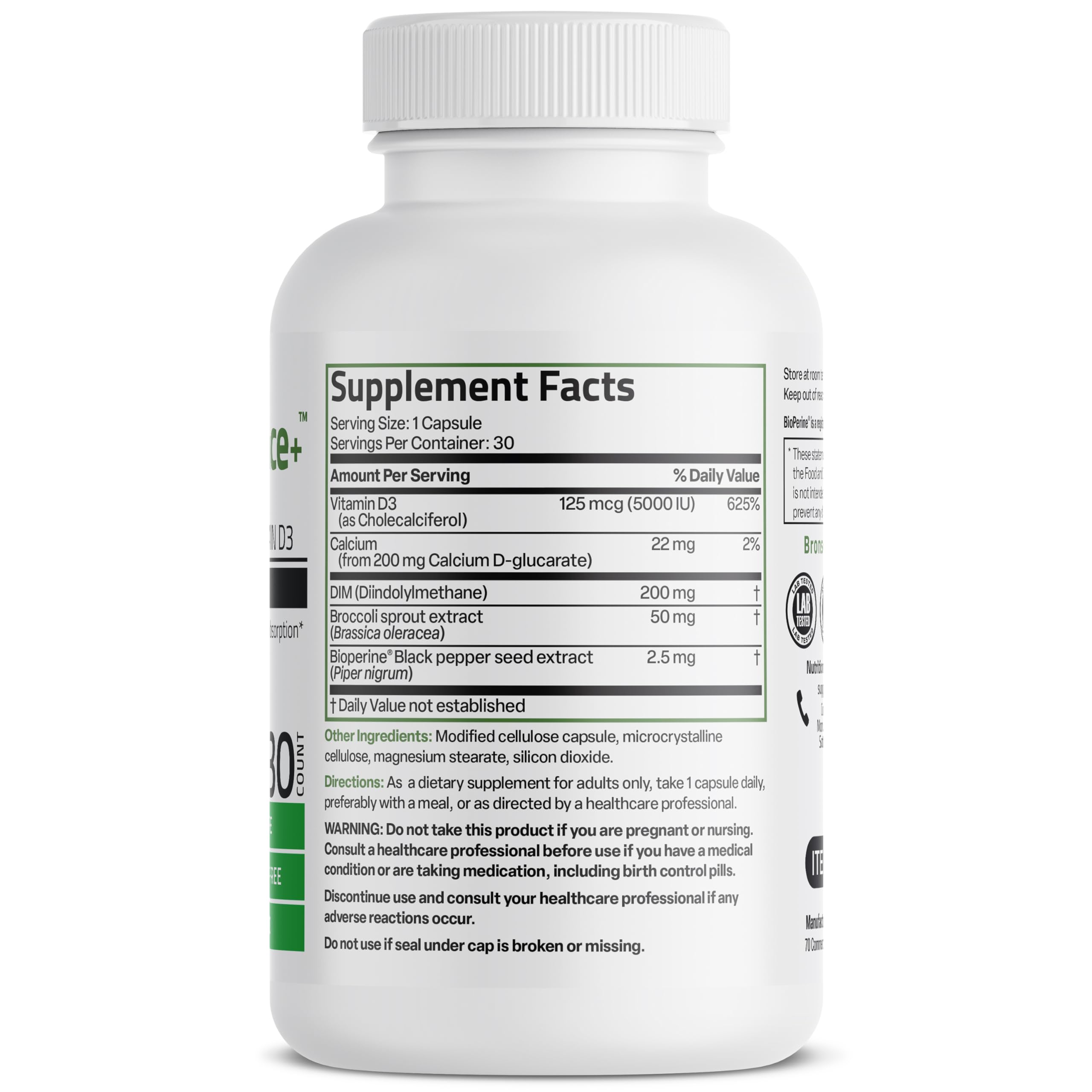 Bronson DIM Balance+ Calcium D-Glucarate, Broccoli Sprouts and Vitamin D3 200 MG of DIM per Capsule Supports Estrogen Metabolism and Balanced Hormone Levels Non-GMO, 30 Vegetarian Capsules Bronson Au supplements