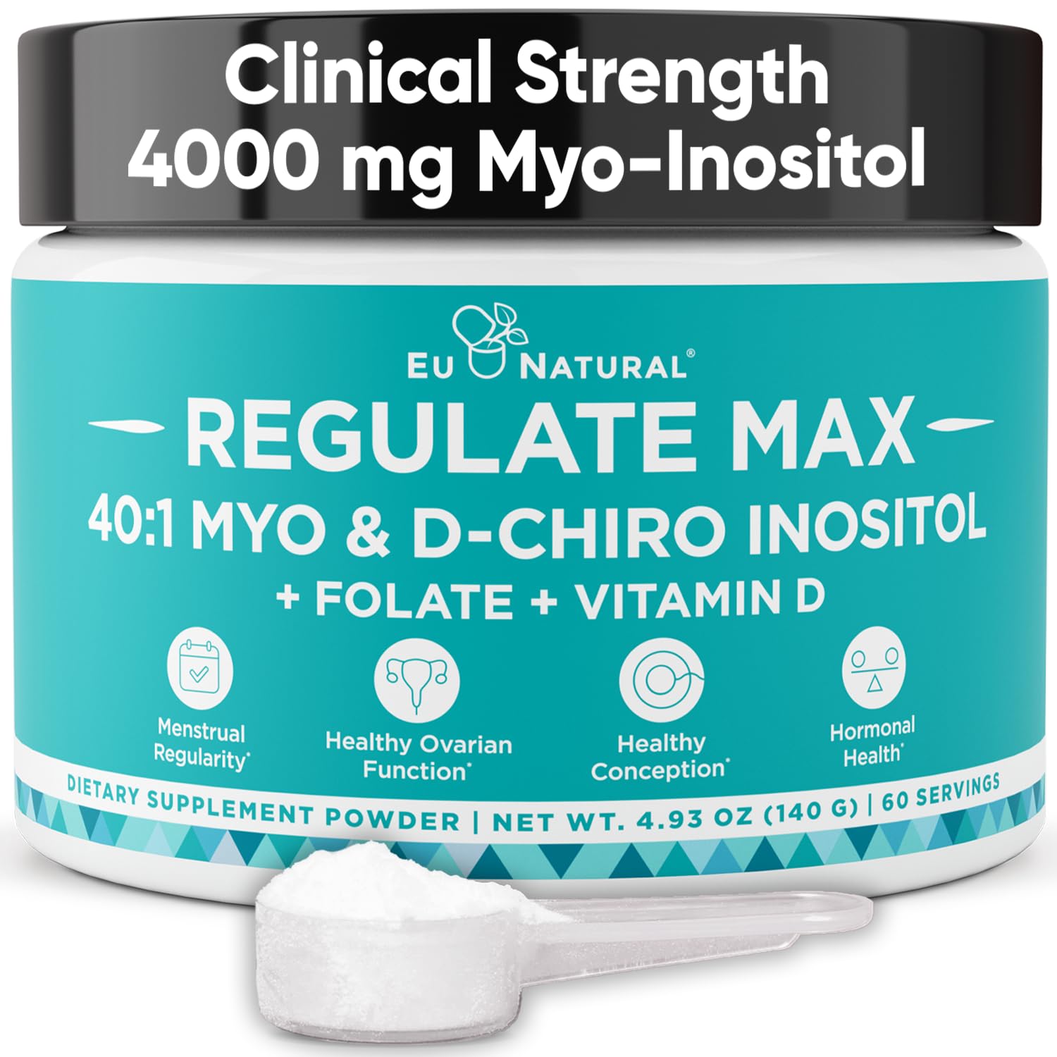 Eu Natural Regulate MAX Myo-Inositol & D-Chiro Inositol Supplement Powder for Women with Vitamin D & Folate Nutritional Support, Hormone Balance & Fertility Support, Unflavored 60 Servings Eu Natural Au supplements
