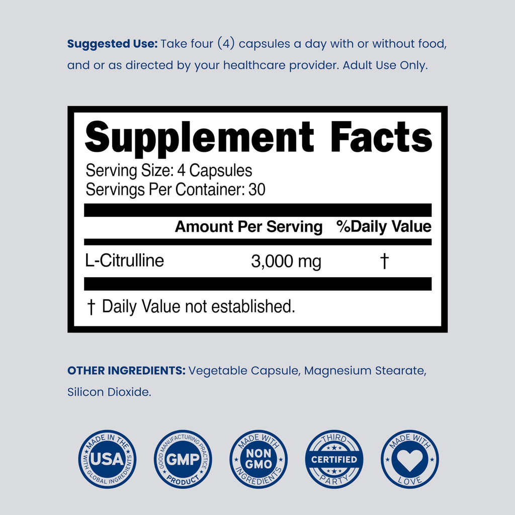 L Citrulline 3000mg Supplement (120 Capsules) Support L Arginine & Nitric Oxide Pills - L-Citrulline For Men & Women - Muscle Recovery & Pump Supplement - 3rd Party Tested