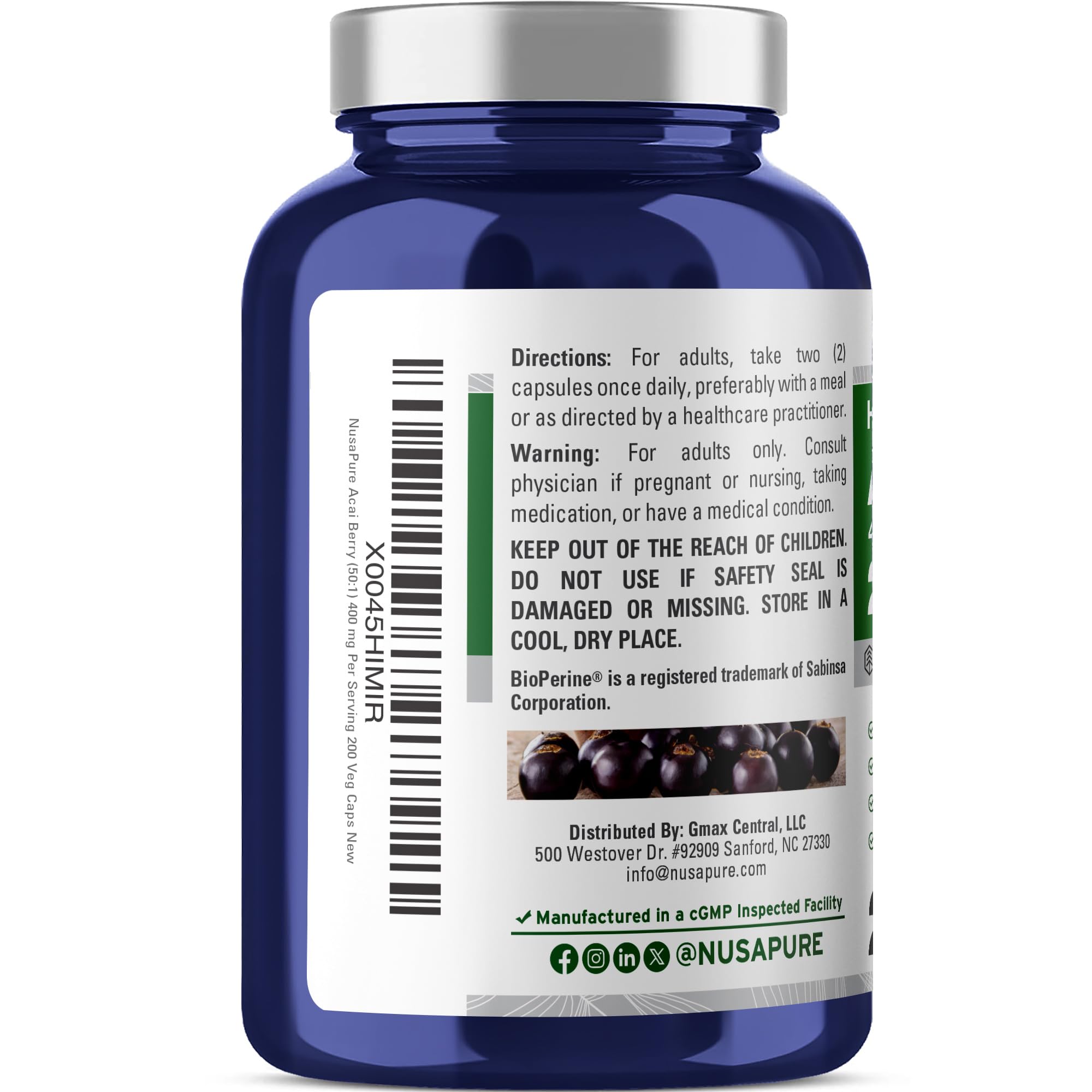 NusaPure Acai Berry 50:1 Extract - Suitable for Vegetarian/Vegan, Non - GMO - 20000 mg - 200 Capsules NusaPure Au supplements
