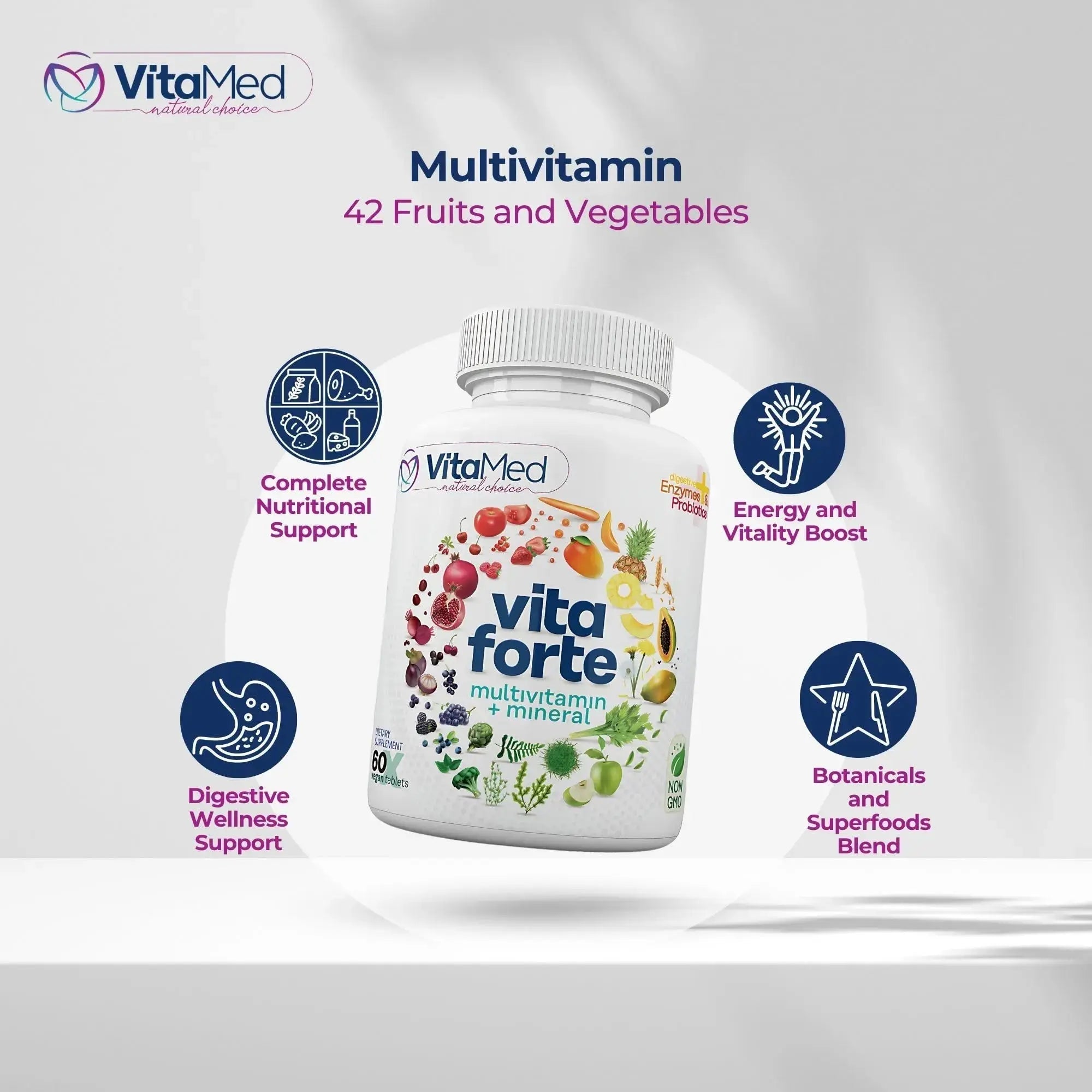 Vita Forte Vegan Multivitamin with Probiotics, Digestive Enzymes & 42 Fruits & Vegetables – Halal Certified VitaMed Au supplements