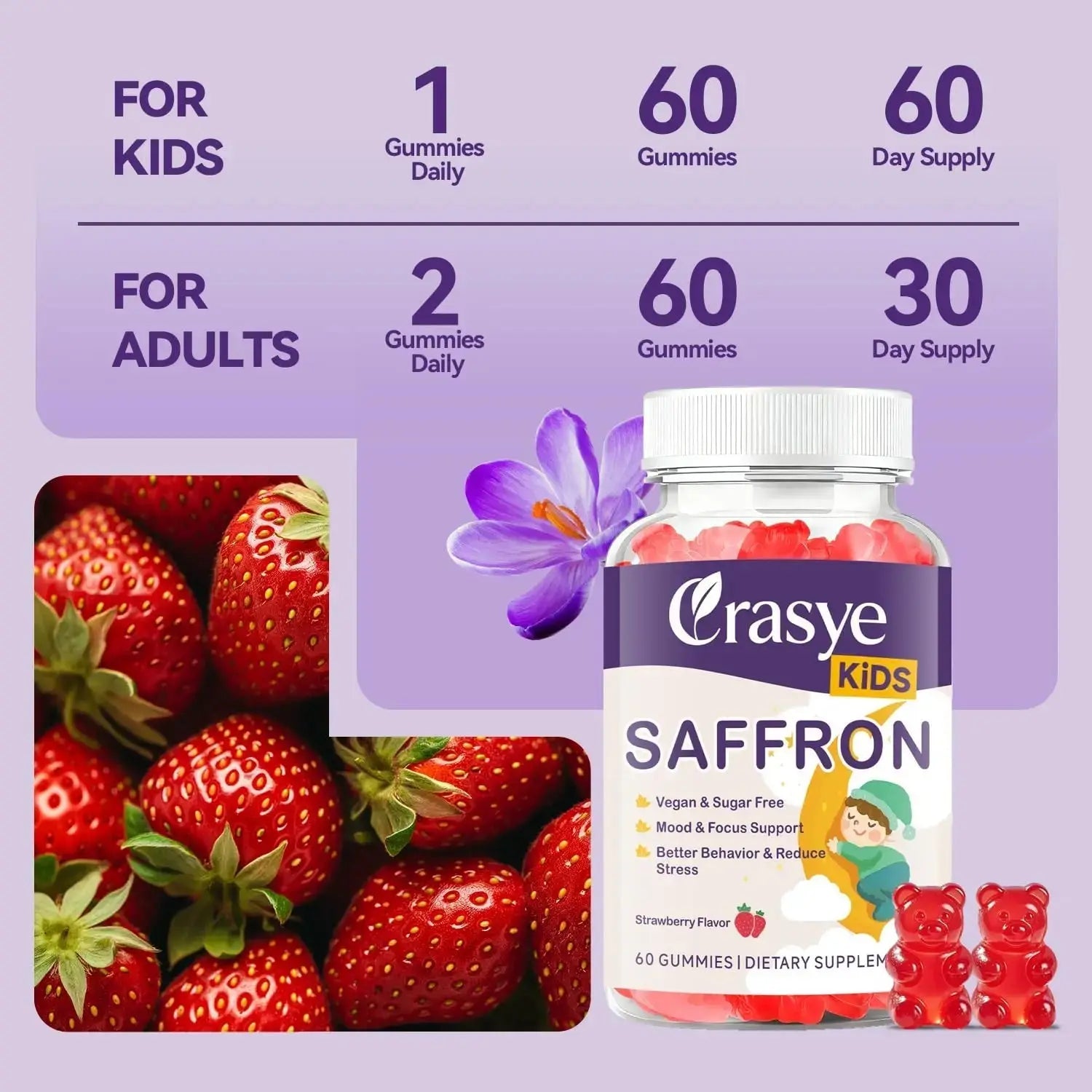 Crasye Saffron Gummies for Kids 100% Pure Organic Saffron Extract Sugar Free Saffron Supplements Gummy for Children Calm Mood & Focus - 60 Gummies Crasye Au supplements