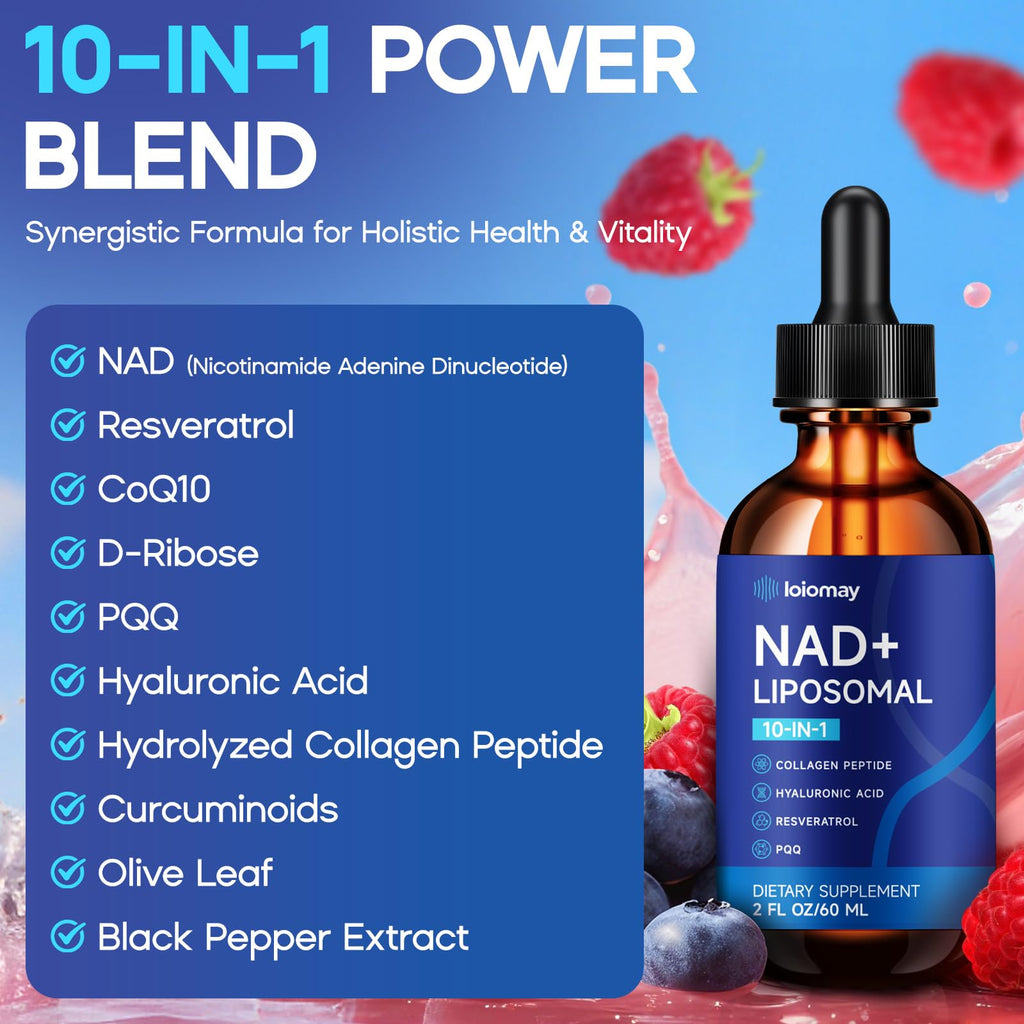 Liposomal NAD Liquid Supplement - 1500mg NAD+ Drops for Women & Men with Resveratrol & Nicotinamide Riboside, PQQ, Collagen & Turmeric for Anti-Aging & Longevity, Cellular Energy Health, 2 Fl Oz loiomay Au supplements