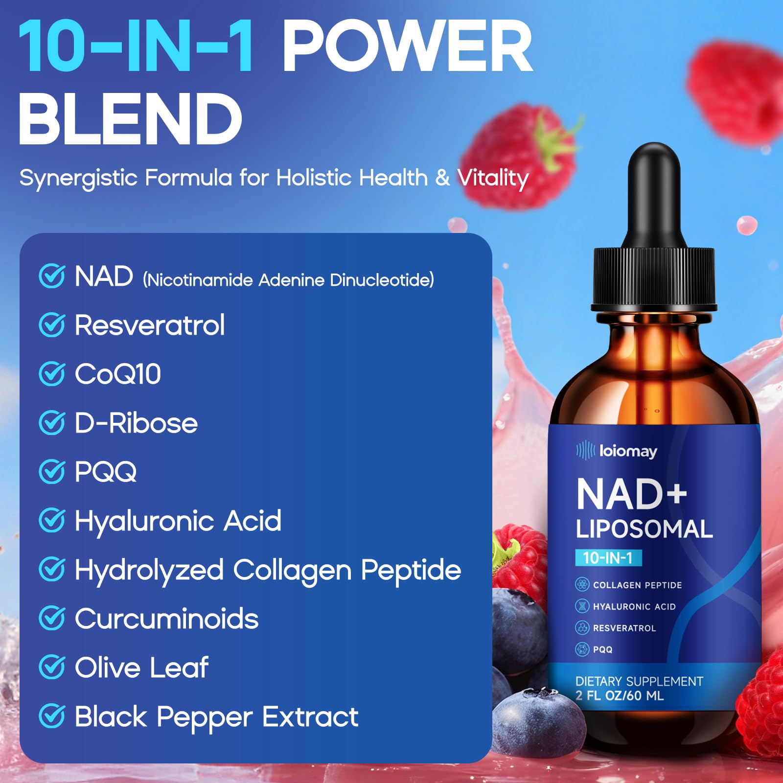 Liposomal NAD Liquid Supplement - 1500mg NAD+ Drops for Women & Men with Resveratrol & Nicotinamide Riboside, PQQ, Collagen & Turmeric for Anti-Aging & Longevity, Cellular Energy Health, 2 Fl Oz loiomay Au supplements