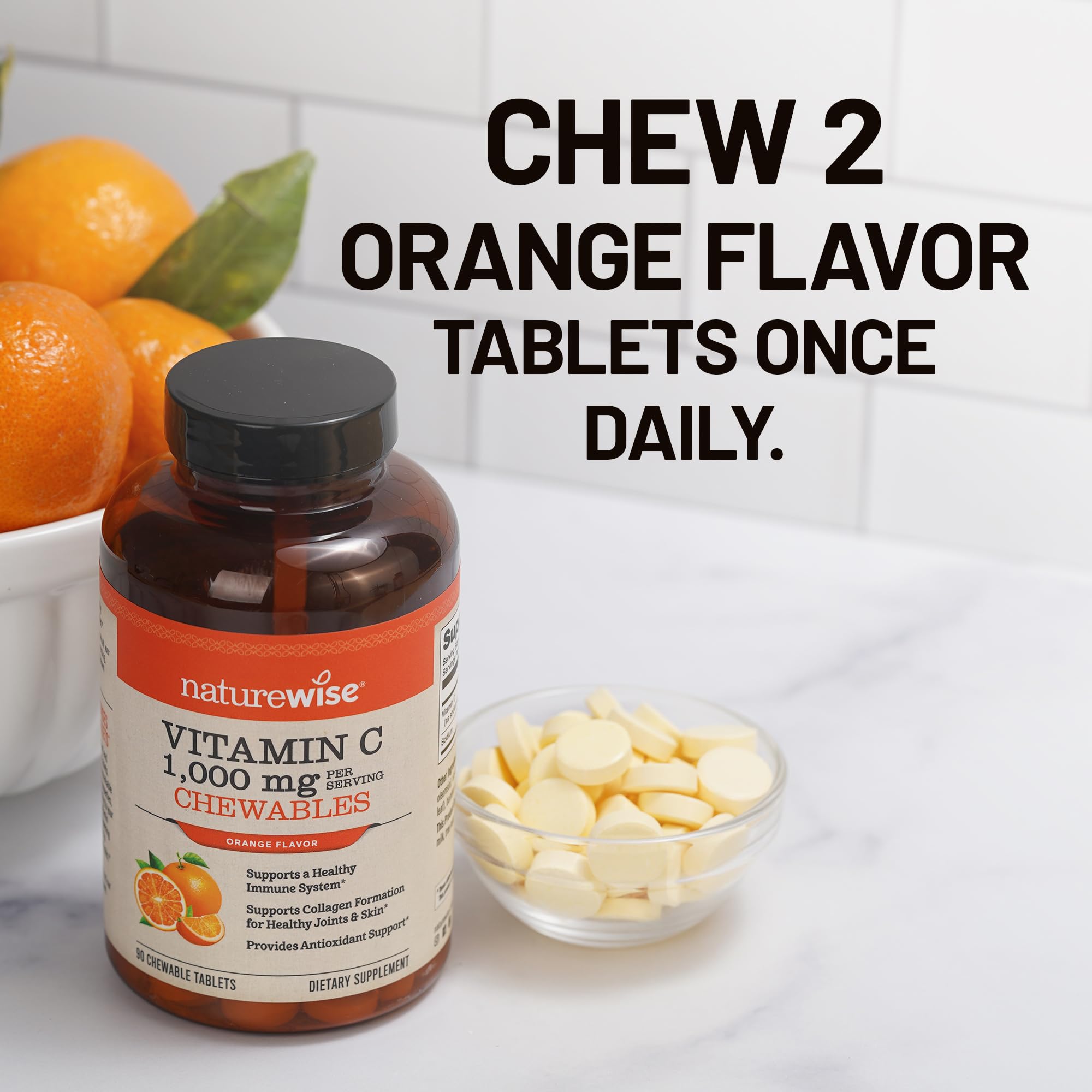 NatureWise Extra Strength Vitamin C Chewable 1000mg for Adults - Natural Orange Flavor - Immune System & Antioxidant Support - Non-GMO