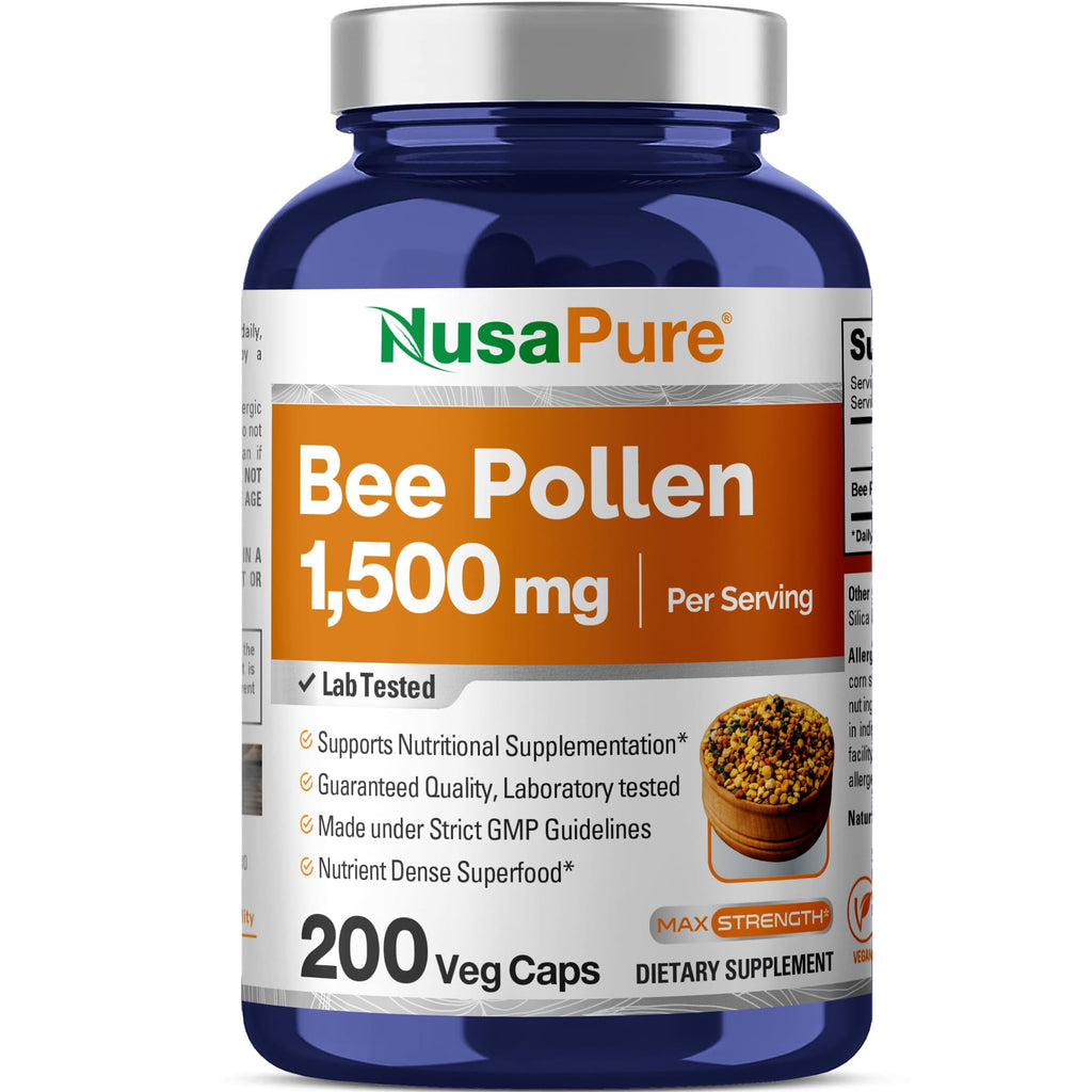 NusaPure Bee Pollen 1500mg 200 Veggie Caps (100% Vegetarian, Non-GMO, Vegan) Naturally Occurring Proteins, Aminoacids NusaPure Au supplements