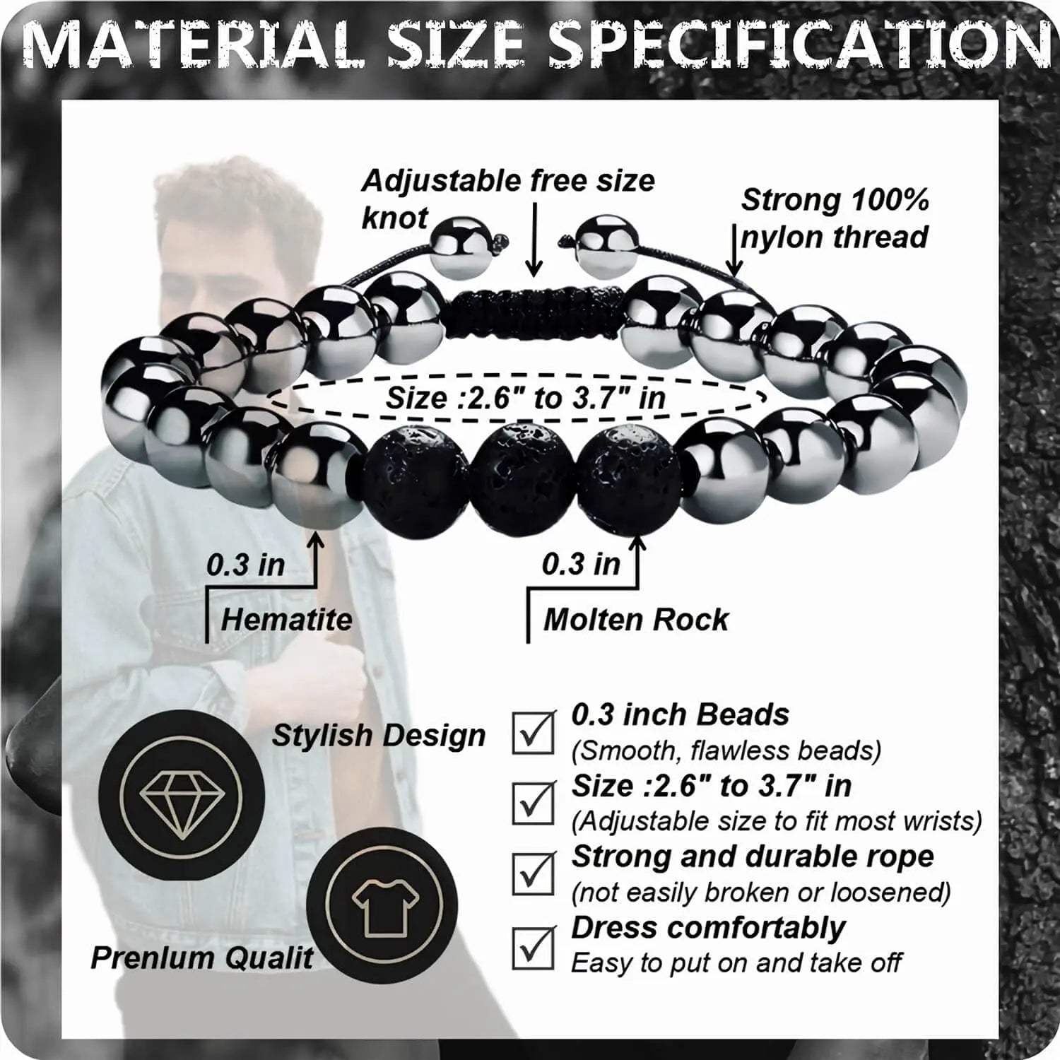 RENZHI-Magnetic Hematite Bracelet–Beaded Magnetic Bracelets for Men and Women RENZHI Au supplements