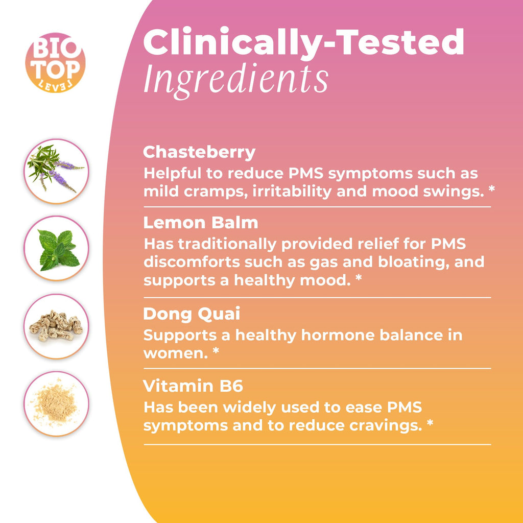BIOTOPLEVEL PMS Support Supplement for Women & PMS Relief, Hormone Balance & Menstrual Period Relief for Cramps, Bloating & Mood Swings with Chasteberry, Vitamin B6, Lemon Balm, Dong Quai, 30 Count BIOTOPLEVEL Au supplements