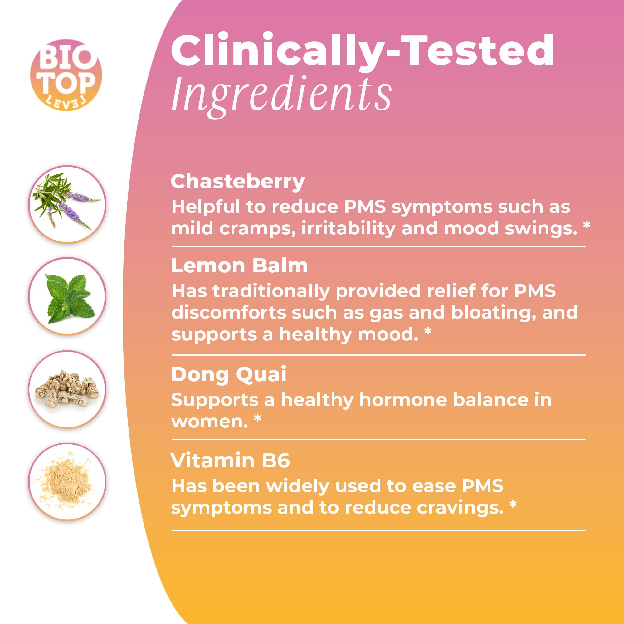 BIOTOPLEVEL PMS Support Supplement for Women & PMS Relief, Hormone Balance & Menstrual Period Relief for Cramps, Bloating & Mood Swings with Chasteberry, Vitamin B6, Lemon Balm, Dong Quai, 30 Count BIOTOPLEVEL Au supplements