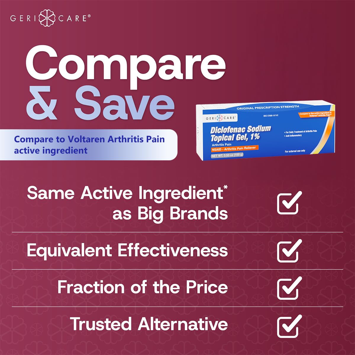 GeriCare Topical Arthritis Pain Relief Gel Diclofenac Sodium 1% (NSAID) Hand Wrist Elbow Foot Ankle Knee Extra-Strength Pain Reliever- Anti-inflammatory Arthritis Pain Treatment, 3.53oz (2 Pack) GeriCare Au supplements