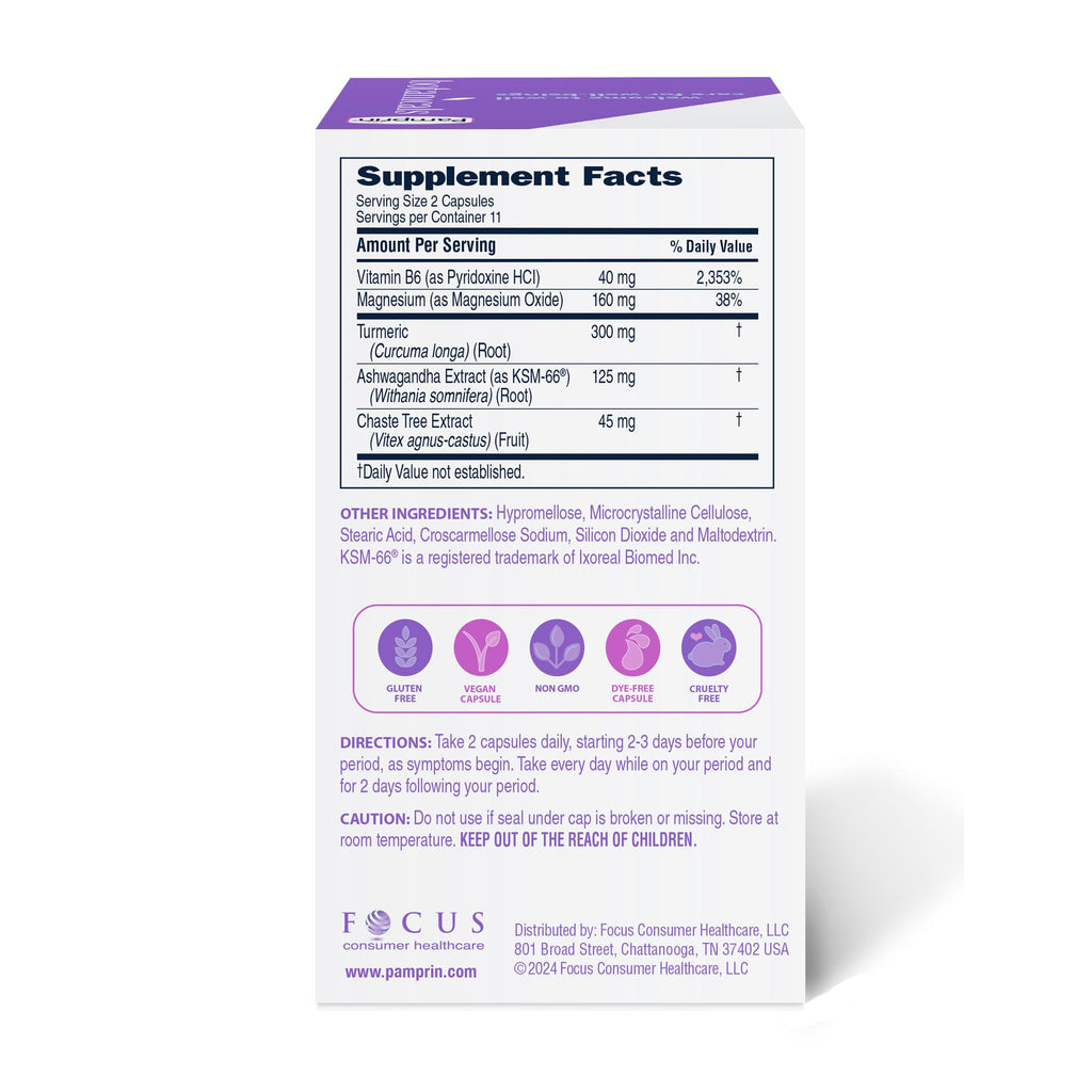 Pamprin Botanicals Supplement for PMS & Period Support, with Ashwagandha, Magnesium, Turmeric, Vitamin B6, Chasteberry, 22 Count Pamprin Au supplements