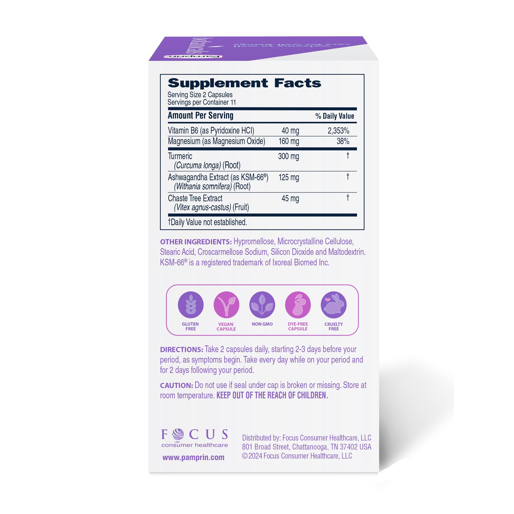 Pamprin Botanicals Supplement for PMS & Period Support, with Ashwagandha, Magnesium, Turmeric, Vitamin B6, Chasteberry, 22 Count Pamprin Au supplements