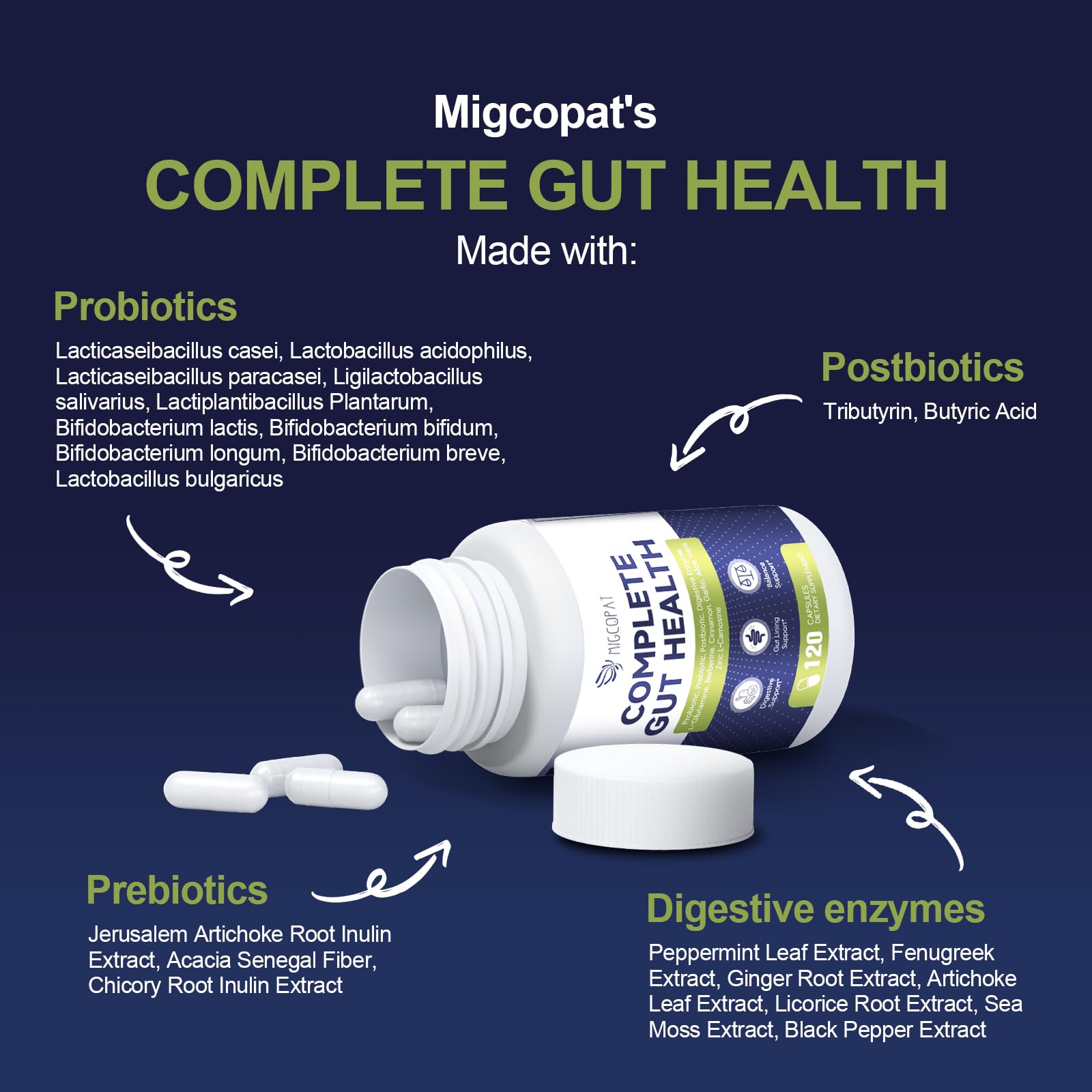 Migcopat Probiotics for Digestive Health, 80 Billion CFU Probiotics, Prebiotics, Postbiotics & Digestive Enzymes, Gut Health Capsules with Berberine, Cinnamon,