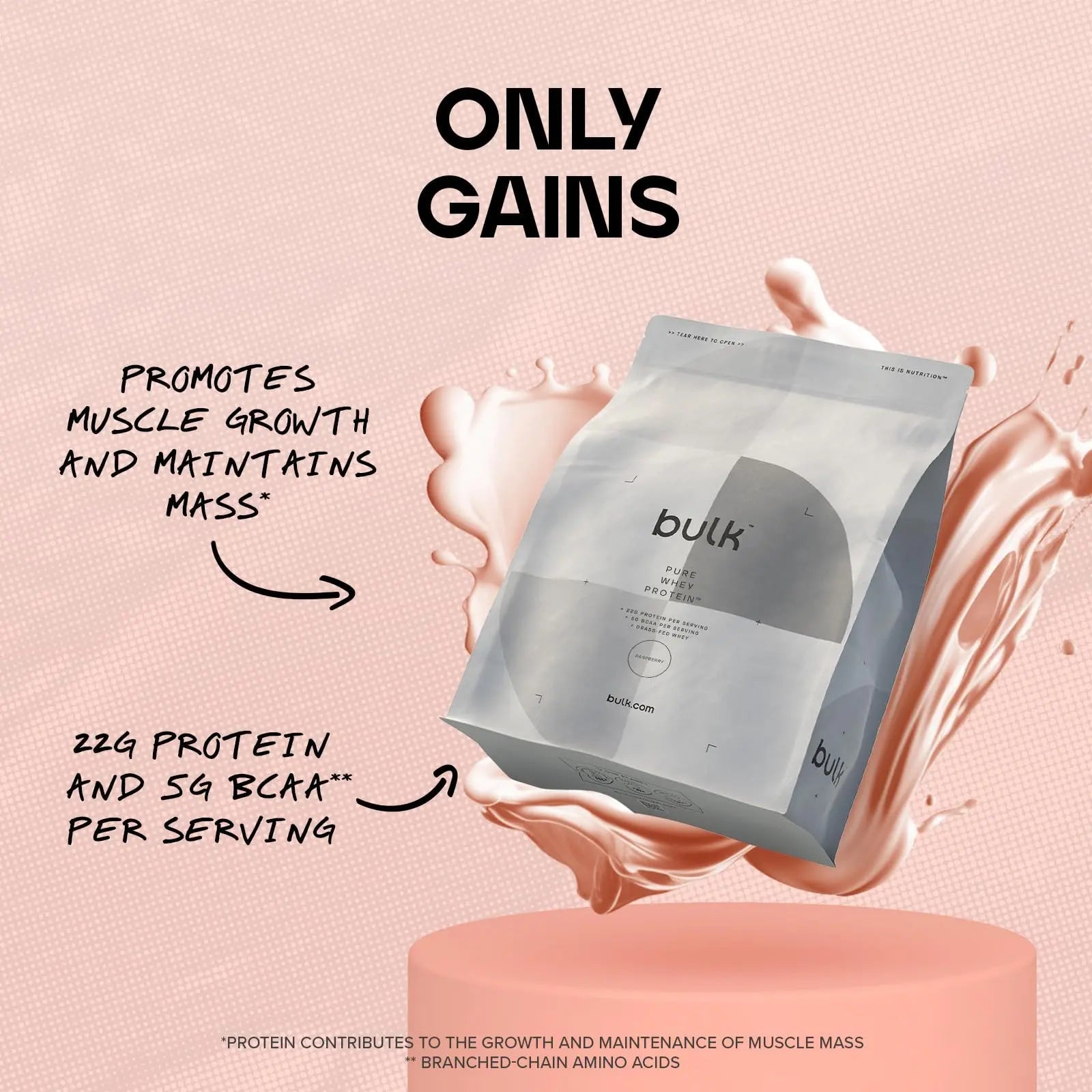 Bulk Pure Whey Protein Powder Shake, Raspberry, 500 g, Packaging May Vary Bulk Au supplements