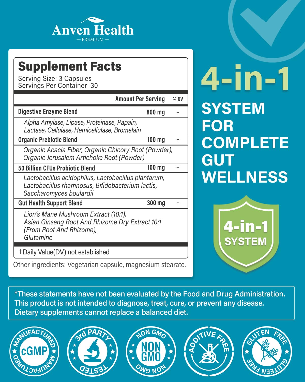 Anven Health 800mg Digestive Enzymes for Men and Women with Probiotics & Prebiotics, 8 Key Enzymes, Protease, Amylase & Lipase | 270 Capsules - A 90-Day Supply