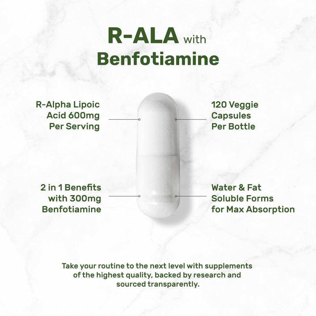 DEAL SUPPLEMENT R Alpha Lipoic Acid 600mg with Benfotiamine 300mg Per Serving, 120 Veggie Capsules – 200mg R-ALA Per Capsule – Antioxidant Supplement