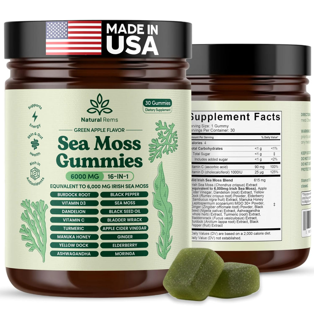 Natural Rems Sea Moss Gummies 16-in-1 - Ashwagandha Black Seed Oil Bladder Wrack Turmeric Vitamin C & D3 with Manuka Burdock Root Dandelion Yellow