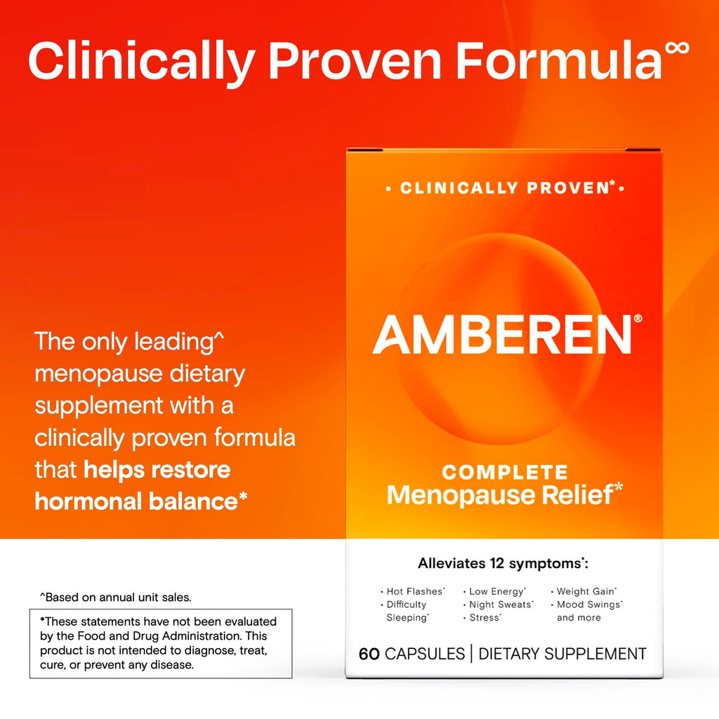 Amberen Menopause Supplement for Women, 60 Capsules, Clinically Proven, Helps Support Hormone Balance, Helps Relieve 12 Menopause Symptoms: Hot Flashes, Night Sweats, Mood Swings and More Amberen Au supplements