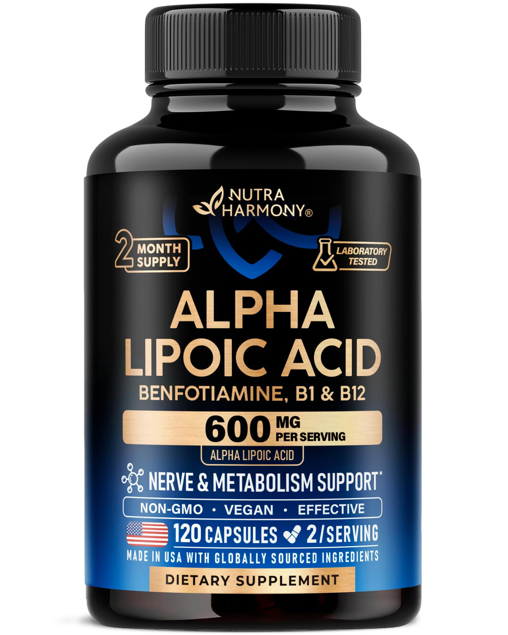 Alpha Lipoic Acid 600mg - ALA Supplement Antioxidant for Nerve, Energy & Metabolism Support - Extra Strength with Benfotiamine, B1 & B12 - Lab Tested, NON-GMO & Vegan