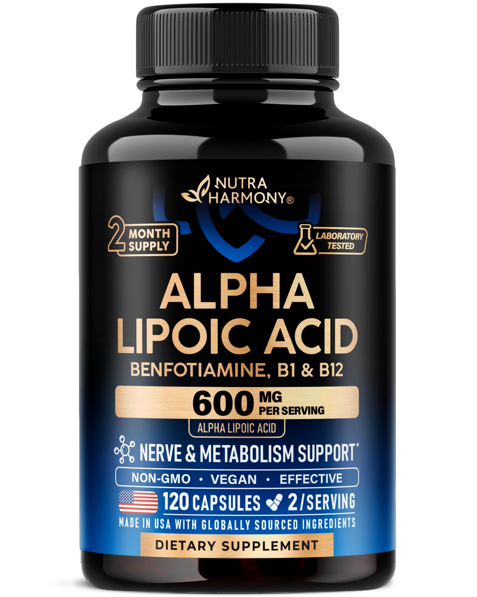Alpha Lipoic Acid 600mg - ALA Supplement Antioxidant for Nerve, Energy & Metabolism Support - Extra Strength with Benfotiamine, B1 & B12 - Lab Tested, NON-GMO & Vegan