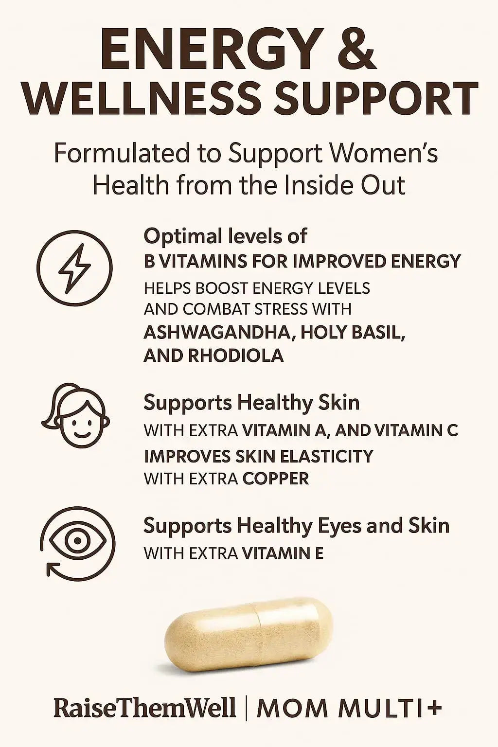 Raise Them Well Mom Multi+ Daily Multivitamin for Women with Active Folate, Adaptogens & Bacopa, Energy, Stress & Cognitive Support, 120 Veggie Capsules Raise Them Well Au supplements