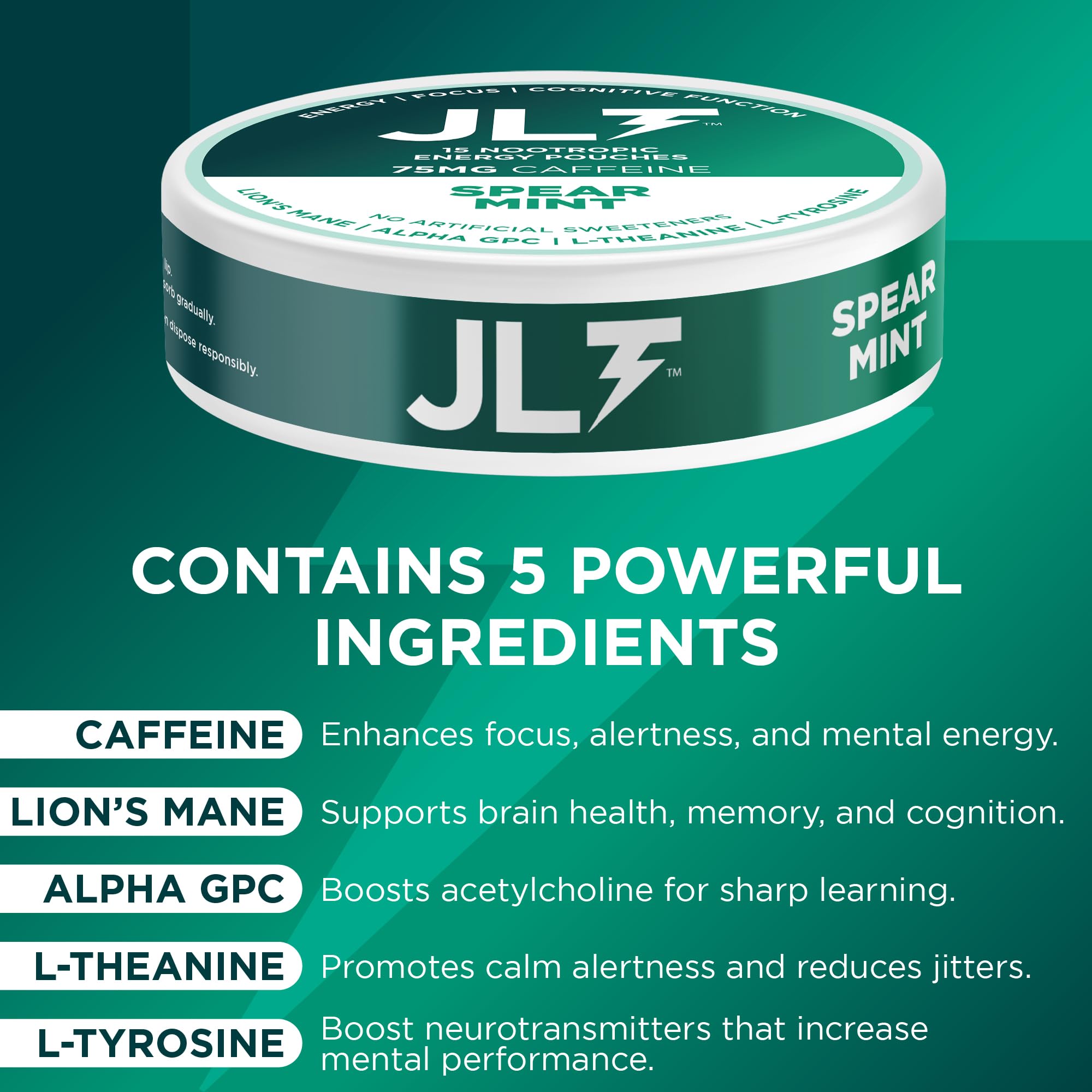JLT 75 mg Caffeine Nootropic Pouches | Nootropic Energy Pouches with 75mg Caffeine, Lion's Mane, Alpha GPC, L-Tyrosine & L-Theanine with no Artificial Sweeteners | 15 Pouches Per Can JLT Energy Au supplements