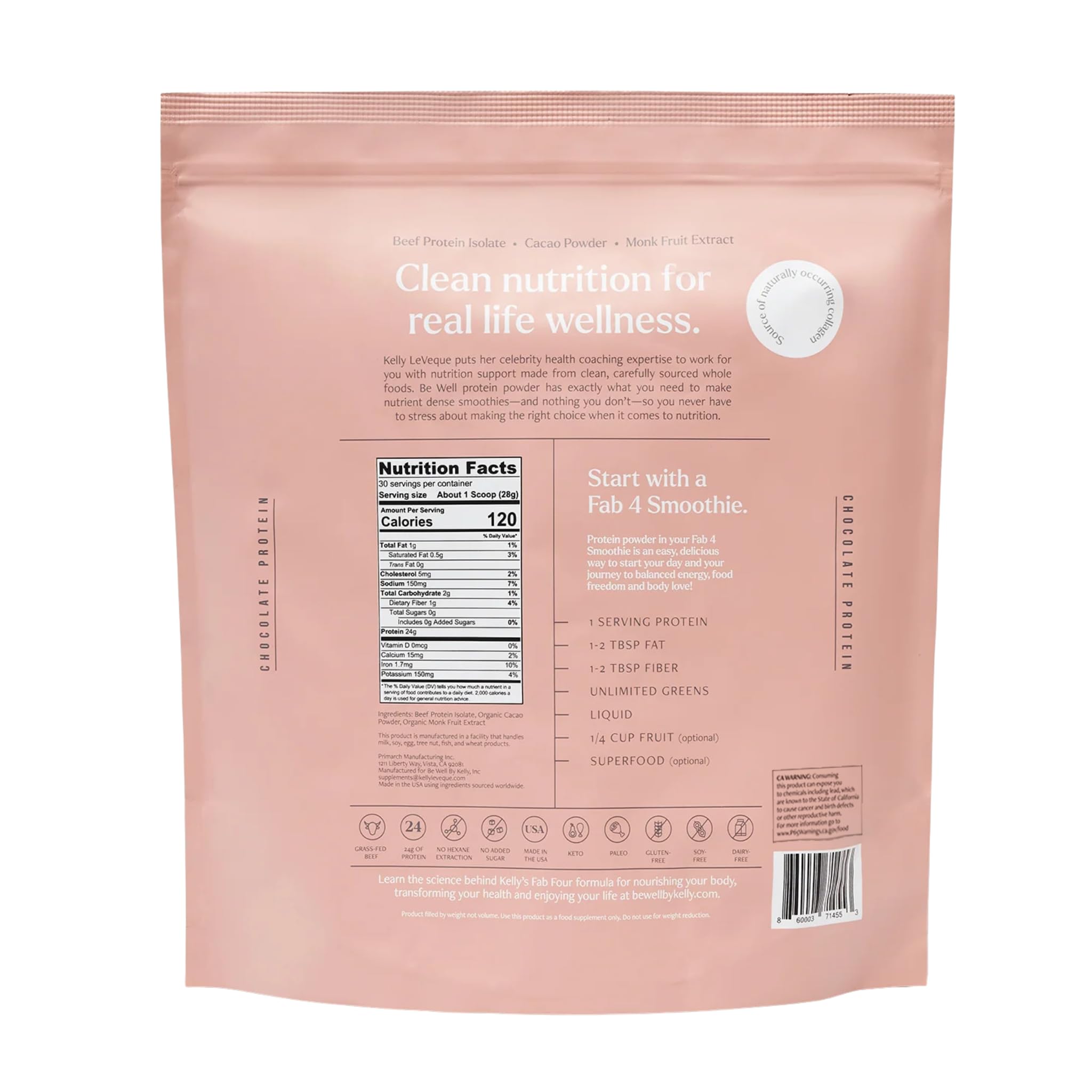 Be Well by Kelly Chocolate Grass-Fed Beef Protein Powder, 24G of Protein & 1G Net Carbs (3 Ingredients, 30 Servings) 9 Amino Acids + 3 BCAAs No Soy, No Dairy, Stevia-Free, No Sugar Added 1.87lb 849g