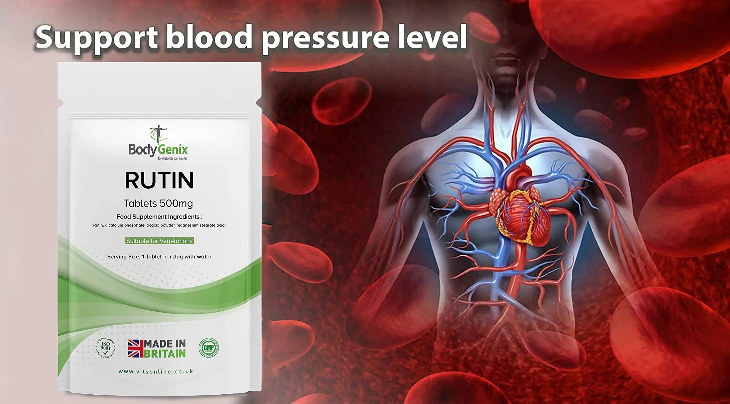 Bodygenix Rutin 500mg Tablets CAPILLARIES, VARICOSE Veins, Hemorrhoids Veg Friendly Bodygenix Au supplements