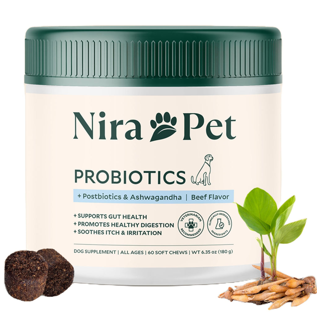 Nira Pet Probiotics for Dogs – 60 Beef-Flavored Chews with Postbiotics, Colostrum, Ashwagandha & Lactobacillus – Supports Gut Health, Immunity, Diarrhea, Gas & Stress Nira Pet Au supplements