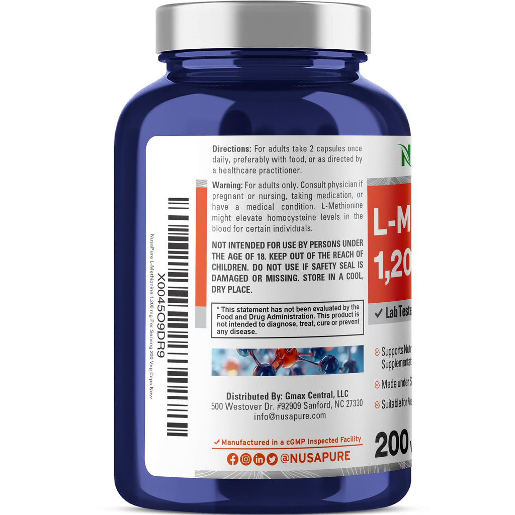 NusaPure L Methionine 1200mg | 200 Capsules | Non-GMO | Vegan Supplement NusaPure Au supplements