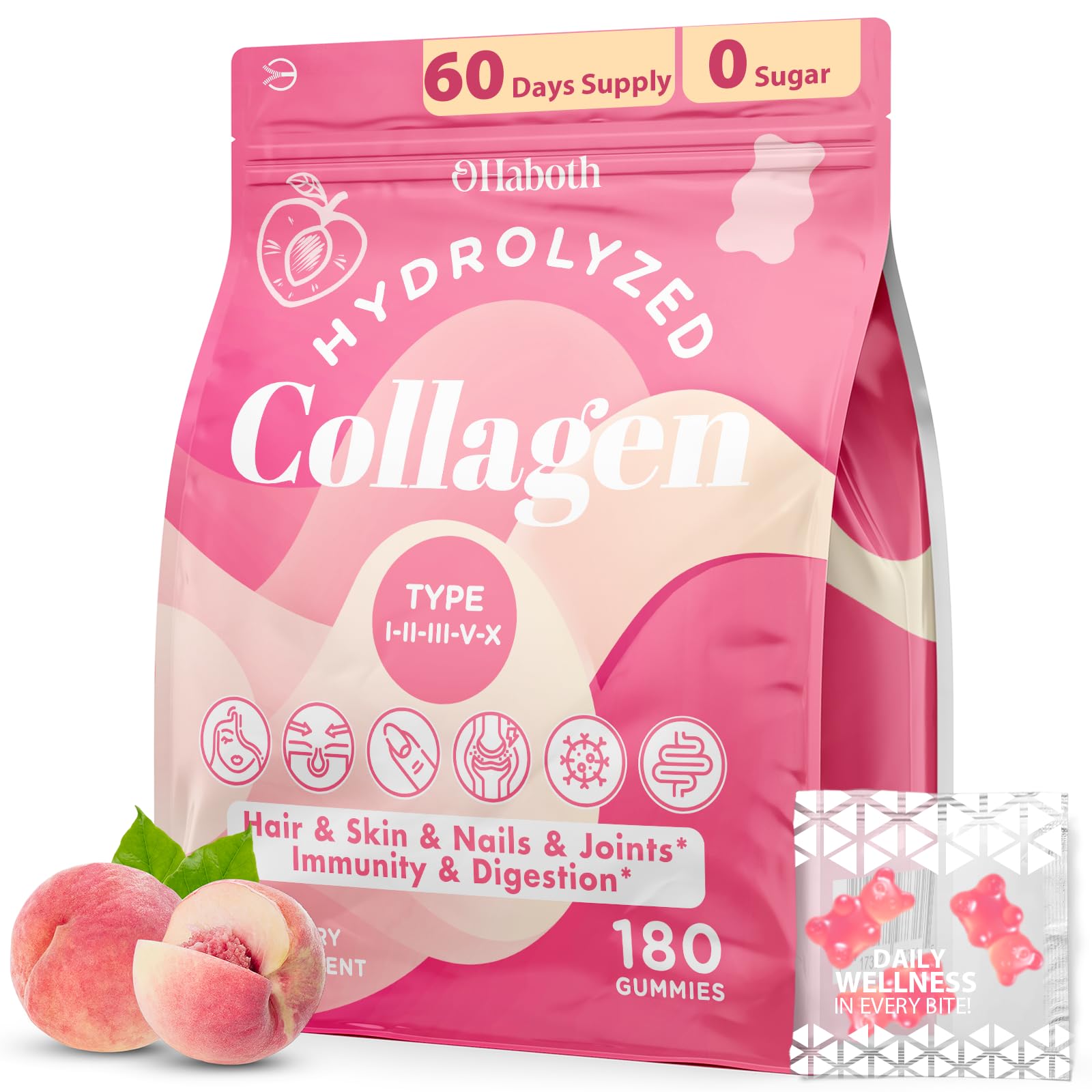 OHaboth Collagen Gummies for Women, Hydrolyzed Collagen Peptides Type I, II, III, V, X, 0 Sugar - Collagen Gummies for Skin, Wrinkles, Hair, Nails