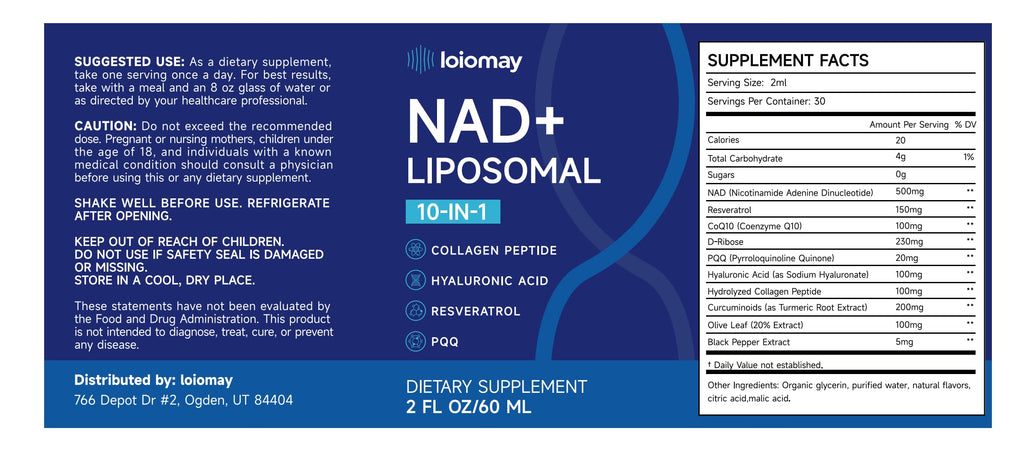 Liposomal NAD Liquid Supplement - 1500mg NAD+ Drops for Women & Men with Resveratrol & Nicotinamide Riboside, PQQ, Collagen & Turmeric for Anti-Aging & Longevity, Cellular Energy Health, 2 Fl Oz loiomay Au supplements