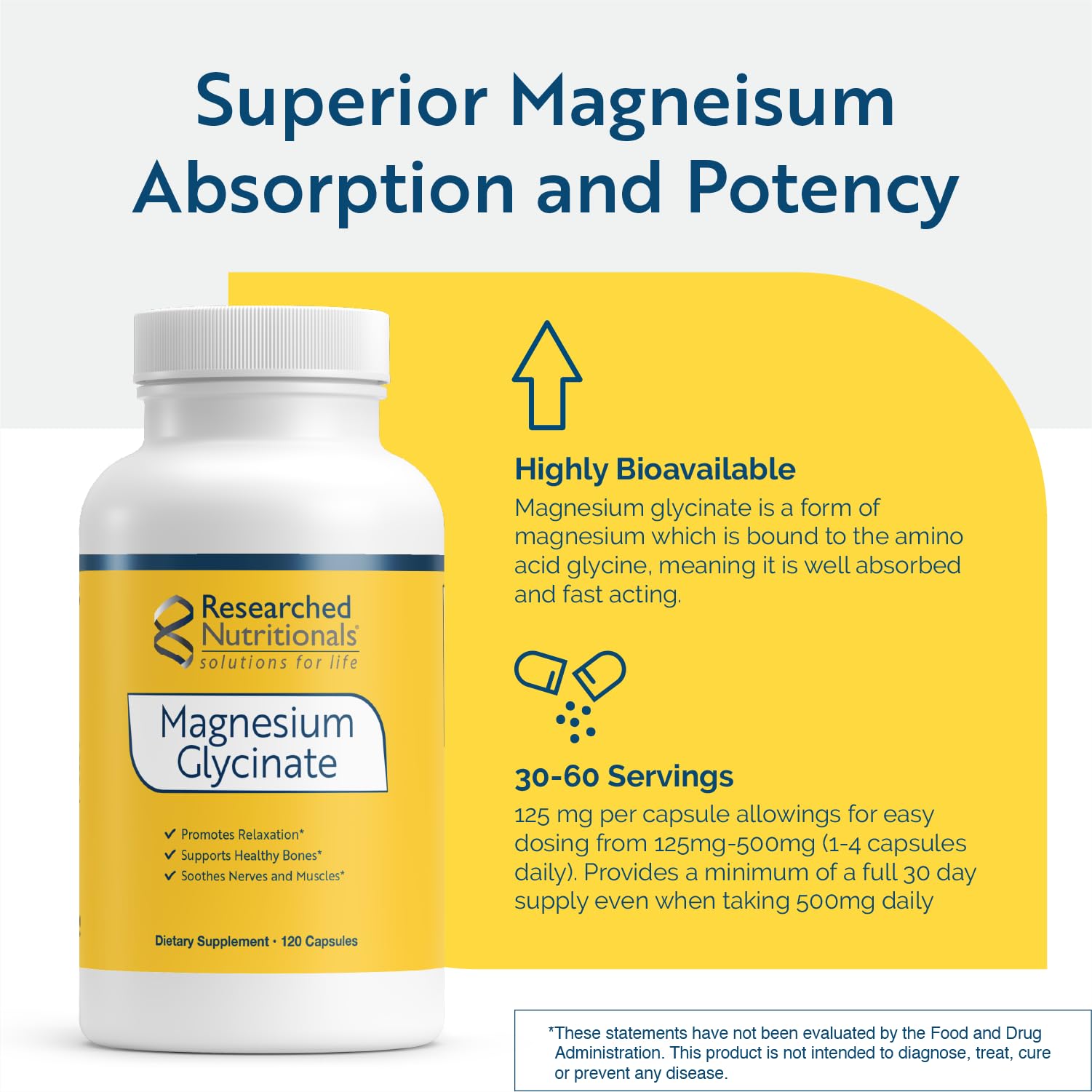 Researched Nutritionals Magnesium Glycinate Capsules - 125mg High Absorption Magnesium Glycinate Supplement to Support Healthy Bones and Energy Production - Vegan & Non-GMO (120 Capsules) Researched Nutritionals Au supplements