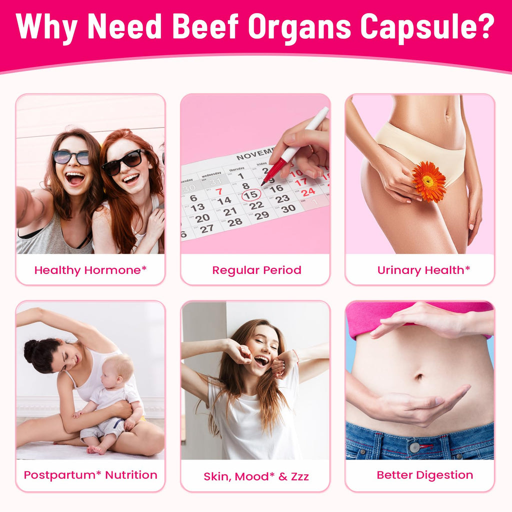 12-In-1 Beef Organ Supplement for Women - Beef Liver, Uterus, Kidney, Heart, Pancreas, 5 Vitamins & 2 Herbs, Hormone Balance, Menstruation, Energy, Immune - 100% Grass Fed, Pasture Raise - 120 Caps Nassiouy Au supplements