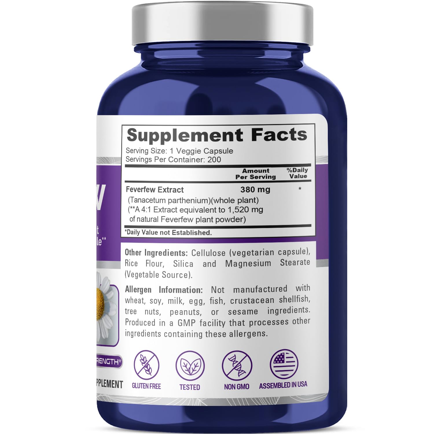 NusaPure Feverfew Extract 4:1 - Suitable for Vegetarian/Vegan, Non - GMO - 1520mg 200 Capsules NusaPure Au supplements